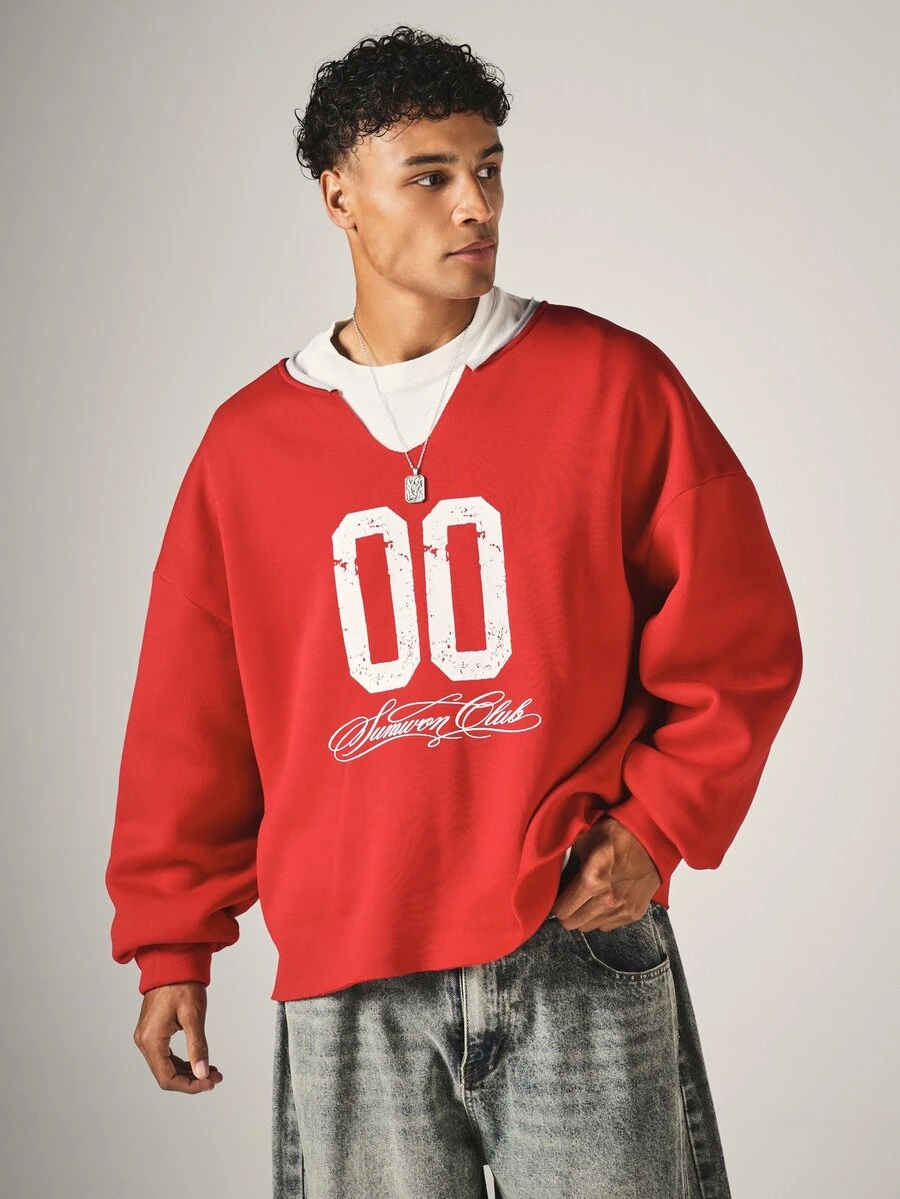 SUMWON Oversized Cropped V-Neck Sweatshirt With Varsity Number 00 Print And Script Logo Pullover Casual Street Style Long Sleeve Top - Red - View 1