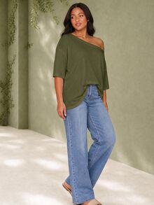ELLERISSA Plus Size Army Green Off Shoulder Short Sleeve T Shirt - Army Green - View 4