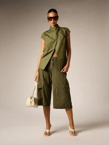 AiiRZ Olive Wrap Front High Neck Cap Sleeve Blouse With Asymmetric Hem And Back Zip Summer Holiday Occasion Top - Army Green - View 2