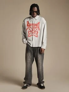 SUMWON Oversized Striped Long Sleeve Button Down Shirt With Bold Red Graphic Logo Print On Front Street Style Statement Top - Multicolor - View 3