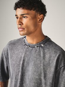SUMWON Acid Washed Oversized Crew Neck T-Shirt With Silver Pyramid Stud Embellished Neckline And Script Logo Back Print - Black - View 4