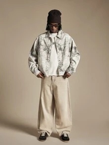 SUMWON Oversized Bleached Abstract Print Denim Trucker Jacket With Spread Collar Button Front Chest Pockets And Drop Shoulder Fit - Multicolor - View 3