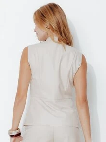 Pimkie Edition Women's Solid Color Zipper Placket Button Design Napoleon Vest Top - Khaki - View 2