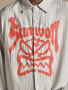 SUMWON Oversized Striped Long Sleeve Button Down Shirt With Bold Red Graphic Logo Print On Front Street Style Statement Top - Multicolor - View 5
