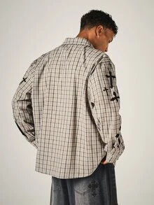 SUMWON Gothic Cross Applique Plaid Flannel Shirt Oversized Long Sleeve Button Down Collared Top With Sleeve Detail - Multicolor - View 2