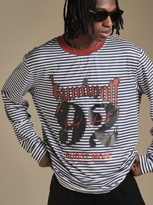 SUMWON Ghost Mode Graphic Long Sleeve Striped Crew Neck Oversized Longline Tee With Front Print - Black and White - View 4