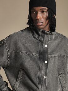 SUMWON Studded Denim Bomber Jacket Oversized Fit With Ribbed Hem Vintage Wash Metal Stud Embellishments Long Sleeve Casual Outerwear - Grey - View 5
