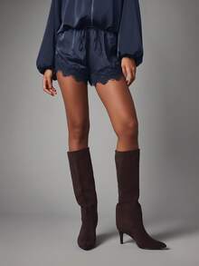 MISSGUIDED Satin Zip-Up Romper With Lace Trim Shorts And Drawstring Waist - Long Balloon Sleeve Playsuit For Fall - Navy Blue - View 4