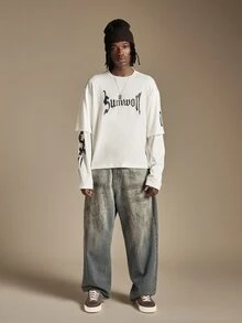 SUMWON Gothic Blackletter Logo Long Sleeve Layered Tee Crew Neck Boxy Fit With Sleeve Number Print Street Style Top - White - View 3