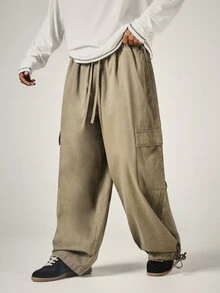 SUMWON Wide Leg Cargo Pants With Embroidered Logo Elastic Waist Drawstring Washed Finish Utility Pockets Full Length Street Style - Green - View 1