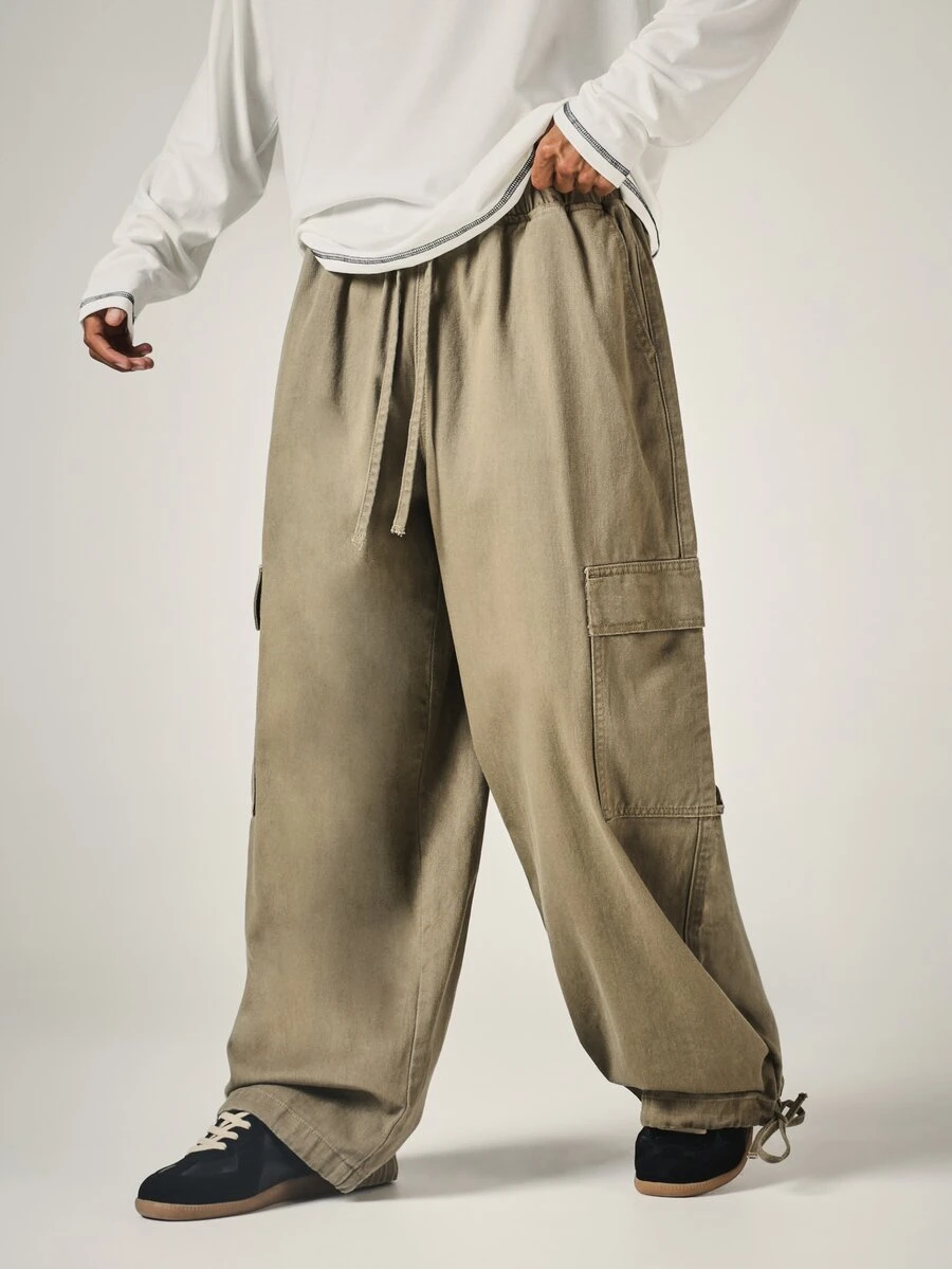 SUMWON Wide Leg Cargo Pants With Embroidered Logo Elastic Waist Drawstring Washed Finish Utility Pockets Full Length Street Style - Green - View 1
