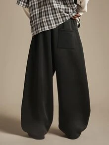 SUMWON Wide Leg Sweatpants With Cursive Script Leg Print Drawstring Waist Baggy Fit Streetwear Style Fall Winter Casual Trousers - Black - View 4