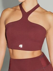 11SKNDS Halter Neck Crossback Sports Bra With Asymmetric Shoulder Cut-Out And Hook Closure With Sweat-Wicking, Stretchy, Breathable, Buttery-Soft, Low Impact Support & Removable Cups, For Gym Workout Fitness Studio, Running, Training & Hy-Rox - Brown - View 7