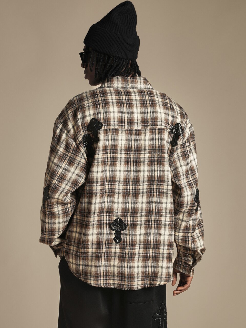 Mens Oversized Plaid Flannel Shirt With Black Ornate Cross Applique Long Sleeve Button Front Gothic Street Style Fall Winter Shacket