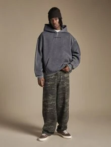 SUMWON Oversized Washed Hoodie With Gothic Back Graphic Print And Old English Logo Embroidery Pullover Sweatshirt - Dark Grey - View 3