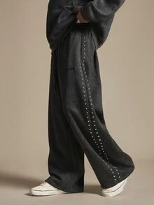 SUMWON Washed Wide Leg Sweatpants With Side Metal Stud Detail And Embroidered Logo Perfect For Casual Everyday Wear - Black - View 1