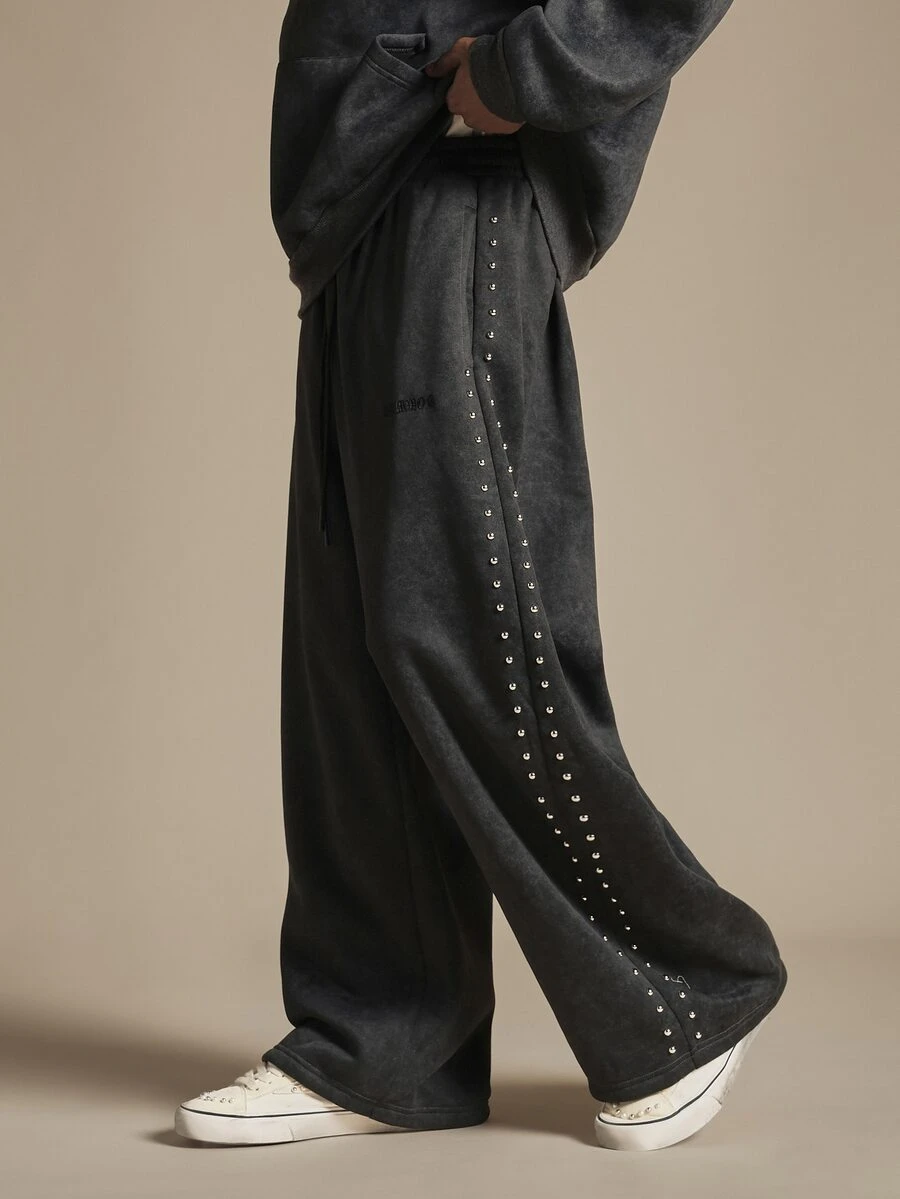 SUMWON Washed Wide Leg Sweatpants With Side Metal Stud Detail And Embroidered Logo Perfect For Casual Everyday Wear - Black - View 1
