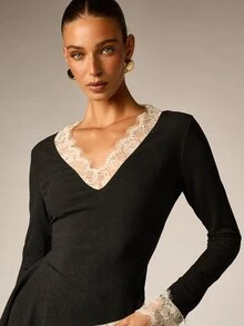 AiiRZ Long Sleeve V-Neck Blouse With Cream Lace Trim Cuffs And Asymmetric Hem Elegant Textured Knit Top For Fall Winter Date Night - Black - View 5