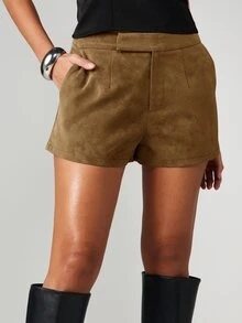 MISSGUIDED Faux Suede High Waist Mini Shorts With Front Seam Detail And Side Pockets Fall Winter Tailored Style - Brown - View 6