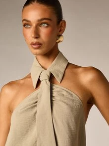 AiiRZ Collared Halter Neck Tie Front Open Back Cropped Blouse Sleeveless Summer Night Out Top - Green - View 4