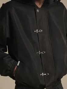 SUMWON Oversized Black Hooded Bomber Jacket With Metal Clasp Closures Elastic Cuffs And Waistband Fall Winter Outerwear - Black - View 5