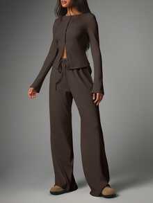 MISSGUIDED Ribbed Button-Down Long Sleeve Cardigan Top And Wide Leg Drawstring Palazzo Trousers Co-Ord Lounge Set - Chocolate Brown - View 3