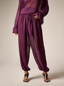 AiiRZ Sheer Chiffon Harem Pants With Elasticated Waist Drawstring And Gathered Ankle Cuffs Flowy Bohemian Style Summer Festival Trousers - Purple - View 1