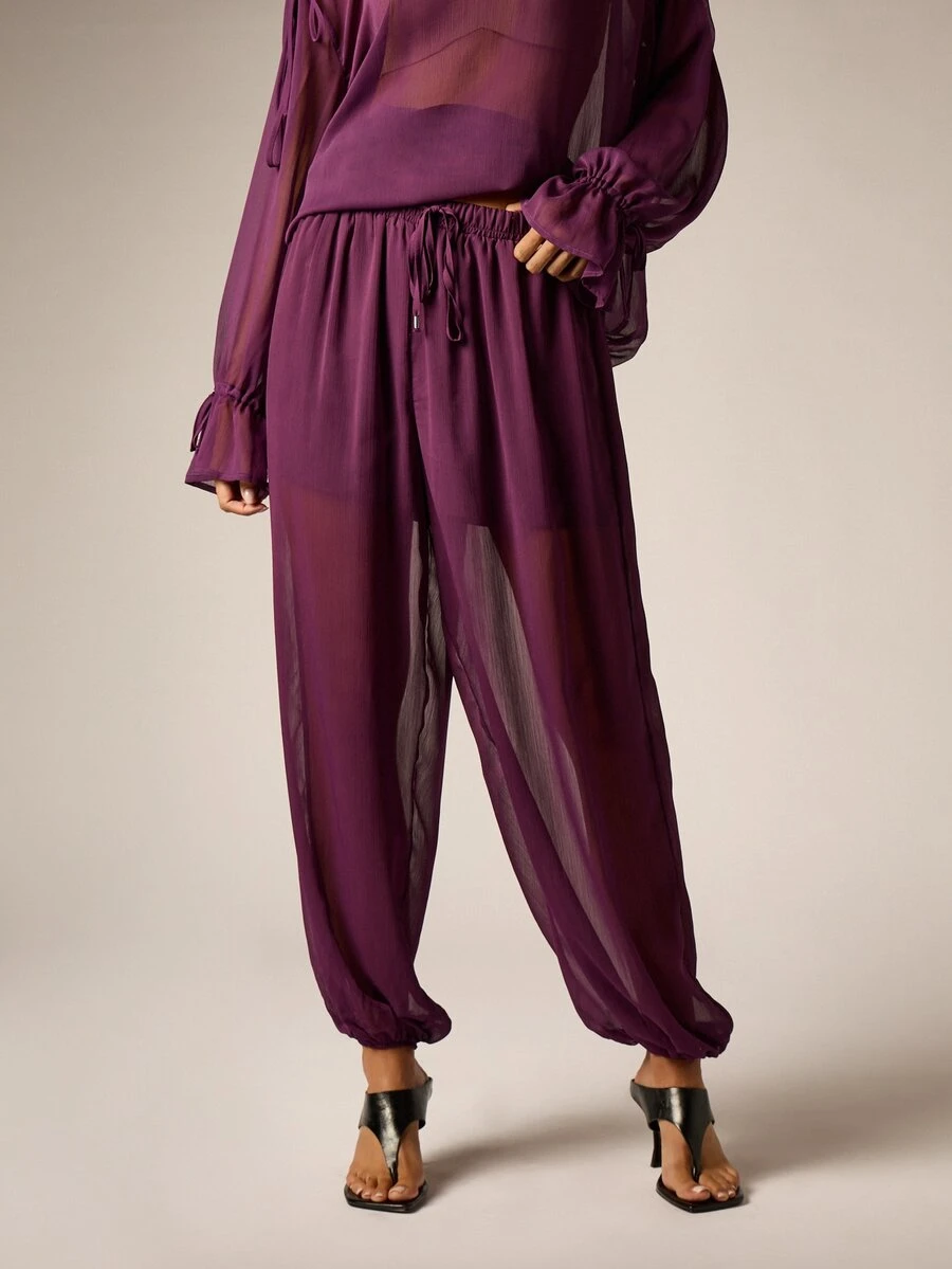 AiiRZ Sheer Chiffon Harem Pants With Elasticated Waist Drawstring And Gathered Ankle Cuffs Flowy Bohemian Style Summer Festival Trousers - Purple - View 1