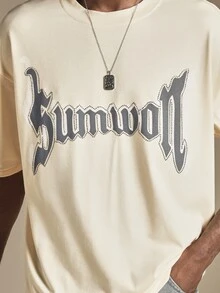 SUMWON Gothic Script Logo Print Crew Neck Short Sleeve Oversized Drop Shoulder T-Shirt Summer Streetwear Casual Essential - Apricot - View 5