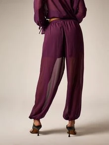 AiiRZ Sheer Chiffon Harem Pants With Elasticated Waist Drawstring And Gathered Ankle Cuffs Flowy Bohemian Style Summer Festival Trousers - Purple - View 3
