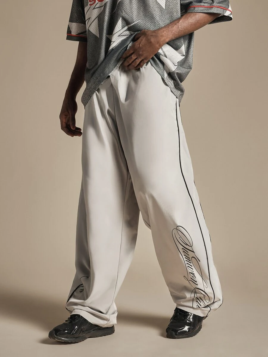 SUMWON Wide Leg Track Pants With Contrast Piping And Cursive Script Leg Print Relaxed Fit Full Length Trousers - Light Grey - View 1