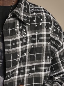 SUMWON Oversized Plaid Flannel Shirt With Silver Rhinestone Stud Embellishments Long Sleeve Button Front Collared Overshirt Fall Winter - Black and White - View 6
