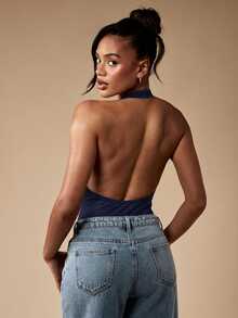 MISSGUIDED Deep V-Neck Halter Neck Bodysuit With Open Back And Sleeveless Design For Party Nights And Summer Occasions - Navy Blue - View 2