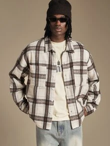 SUMWON Oversized Plaid Flannel Overshirt With Gothic Back Embroidery Long Sleeve Button-Front Winter Shirt - Multicolor - View 2