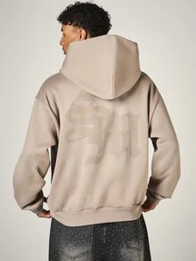 SUMWON Oversized Pullover Hoodie With Rhinestone Gothic Logo Back Print Single Centre Pocket Long Sleeve Casual Winter Style - Khaki - View 1