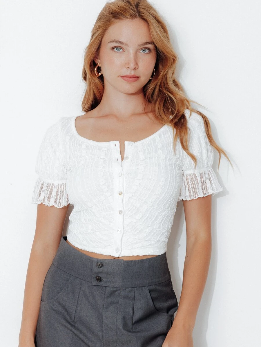Pimkie Edition Summer Elegant Solid Color Lace Front Button Top - White - View 1