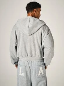 SUMWON LA Graphic Full-Zip Boxy Crop Hoodie With Oversized Hood And Drawstring Split Centre Pocket Casual Street Style Fall Winter - Grey - View 2