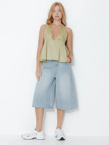 Pimkie Edition Women's Solid Color Pleated Casual Versatile Daily Wear Halter Neck Top - Green - View 4