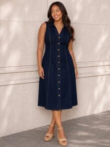 ELLERISSA Plus Size Women's Single-Breasted Casual Daily Summer Denim Dress - Dark Wash - View 4