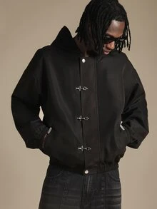 SUMWON Oversized Black Hooded Bomber Jacket With Metal Clasp Closures Elastic Cuffs And Waistband Fall Winter Outerwear - Black - View 1