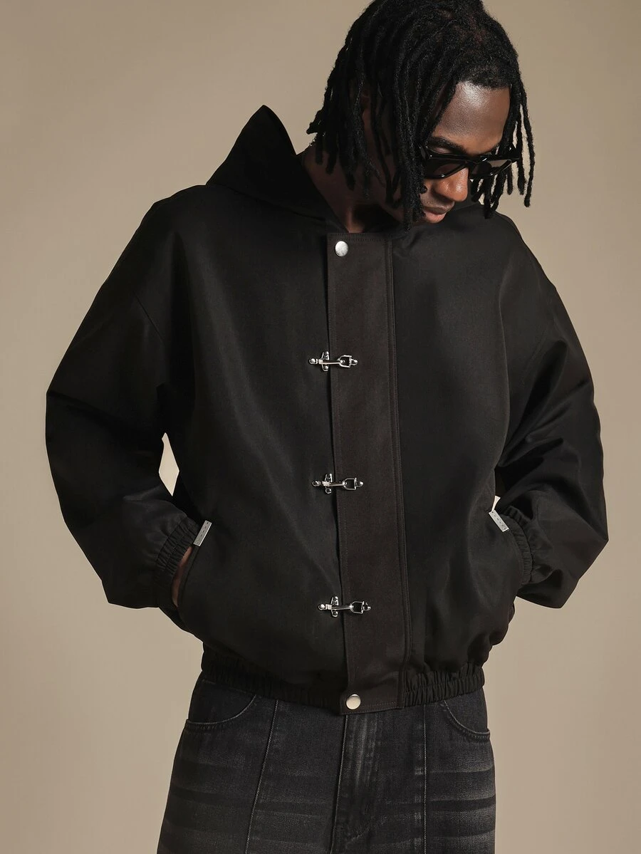 SUMWON Oversized Black Hooded Bomber Jacket With Metal Clasp Closures Elastic Cuffs And Waistband Fall Winter Outerwear - Black - View 1