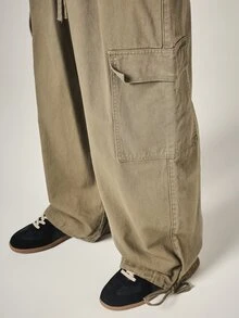 SUMWON Wide Leg Cargo Pants With Embroidered Logo Elastic Waist Drawstring Washed Finish Utility Pockets Full Length Street Style - Green - View 5