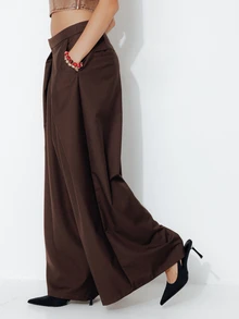 Pimkie Edition Women's Solid Color Pleated Design Wide Leg Loose Casual Long Pants - Brown - View 6
