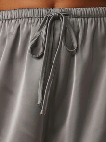 MISSGUIDED Satin Lace Trim Shorts With Elastic Drawstring Waist Scalloped Hem Luxe Silky Mini Shorts Spring Summer Holiday - Grey - View 5
