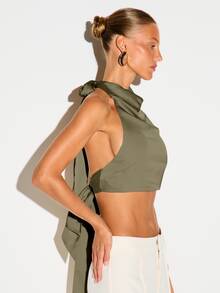 KIZN Satin Halter Crop Top With Cowl Neck Tie Back Open Back Design Party Night Out Summer Festival - Khaki - View 4