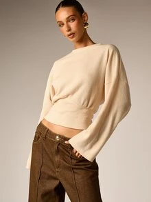 AiiRZ Ribbed Knit Batwing Long Sleeve Crop Sweater Solid Crew Neck Relaxed Fit Fall Winter Cozy Pullover Top - Apricot - View 5
