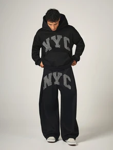 SUMWON Oversized NYC Star Rhinestone Arch Text Hoodie With Centre Pocket Long Sleeve Pullover Fall Winter Streetwear - Black - View 3