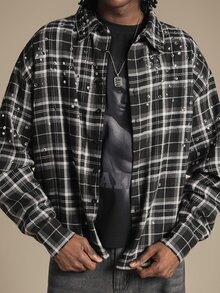 SUMWON Oversized Plaid Flannel Shirt With Silver Rhinestone Stud Embellishments Long Sleeve Button Front Collared Overshirt Fall Winter - Black and White - View 5
