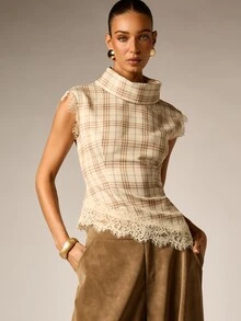 AiiRZ Plaid Turtleneck Cap Sleeve Blouse With Lace Trim Hem Slim Fit Elegant Top For Fall Winter Occasions - Multicolor - View 1