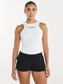 11SKNDS II SKNDS Ribbed High Neck Sleeveless Cropped Tank Top With Logo Print For Summer Gym Casual Wear With Sweat-Wicking, Stretchy, Breathable, Quick-Dry & Buttery-Soft, For Workout Fitness Yoga Pilates Studio, Running, Training & Hy-Rox - White - View 1